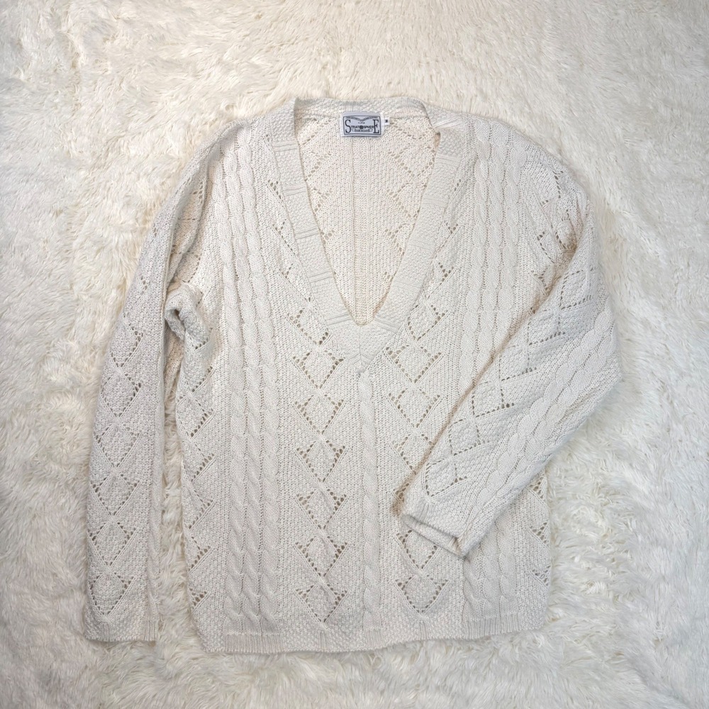 Stratosphere Vintage Sweater Women Medium Cream Cable Knit Deep V-Neck Grandma